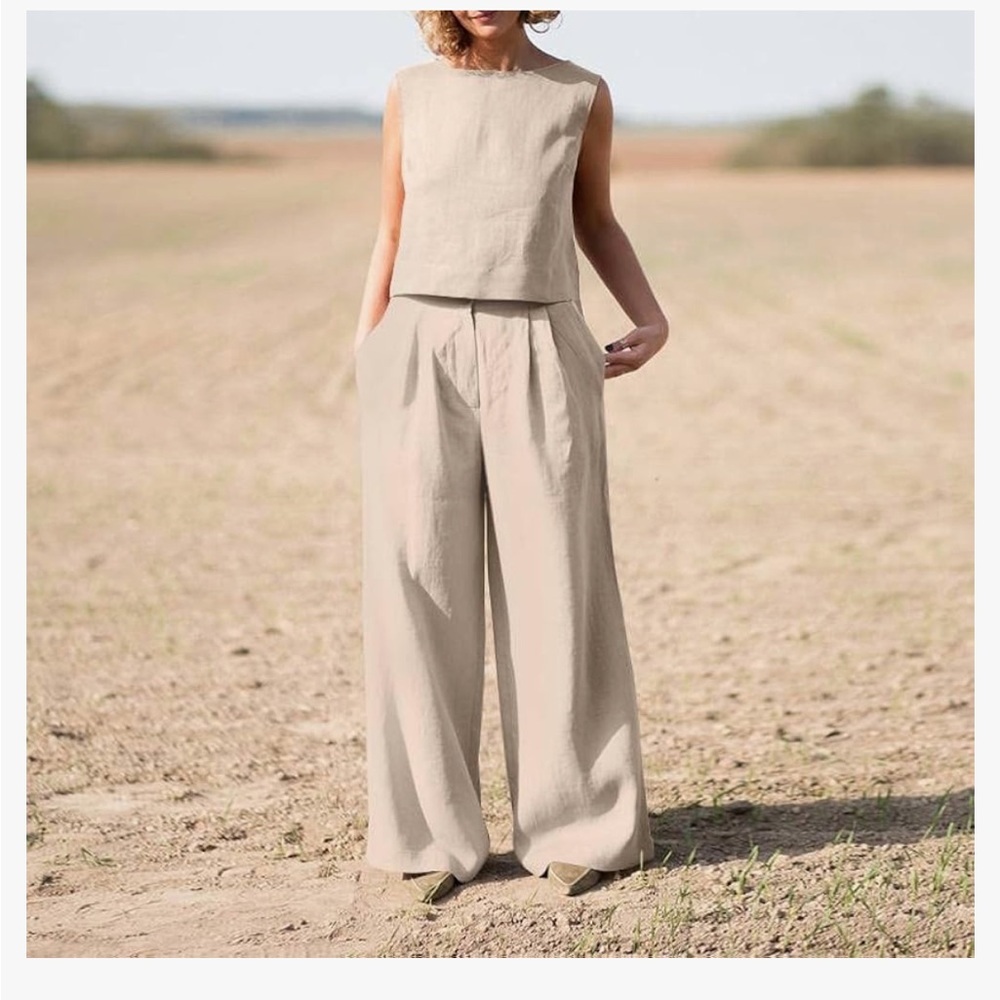 Commense Set Top + matching Wide Leg Pants in Light Beige Linen Coquette Smart